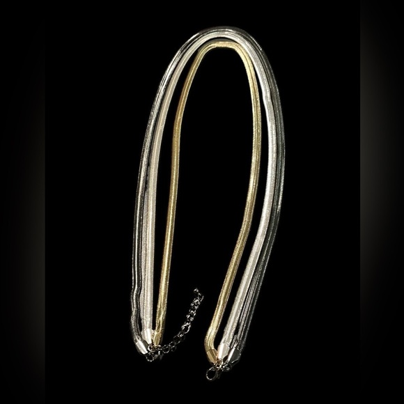 Herringbone 3 Strand Tricolor Gold Silver and Black Chain Necklace Layered - Picture 6 of 10